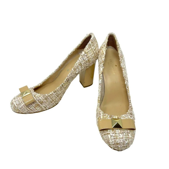 Kate Spade Tweed Patent Leather Bow High Heels Tan Nude Size US 7.5 - Picture 4 of 8